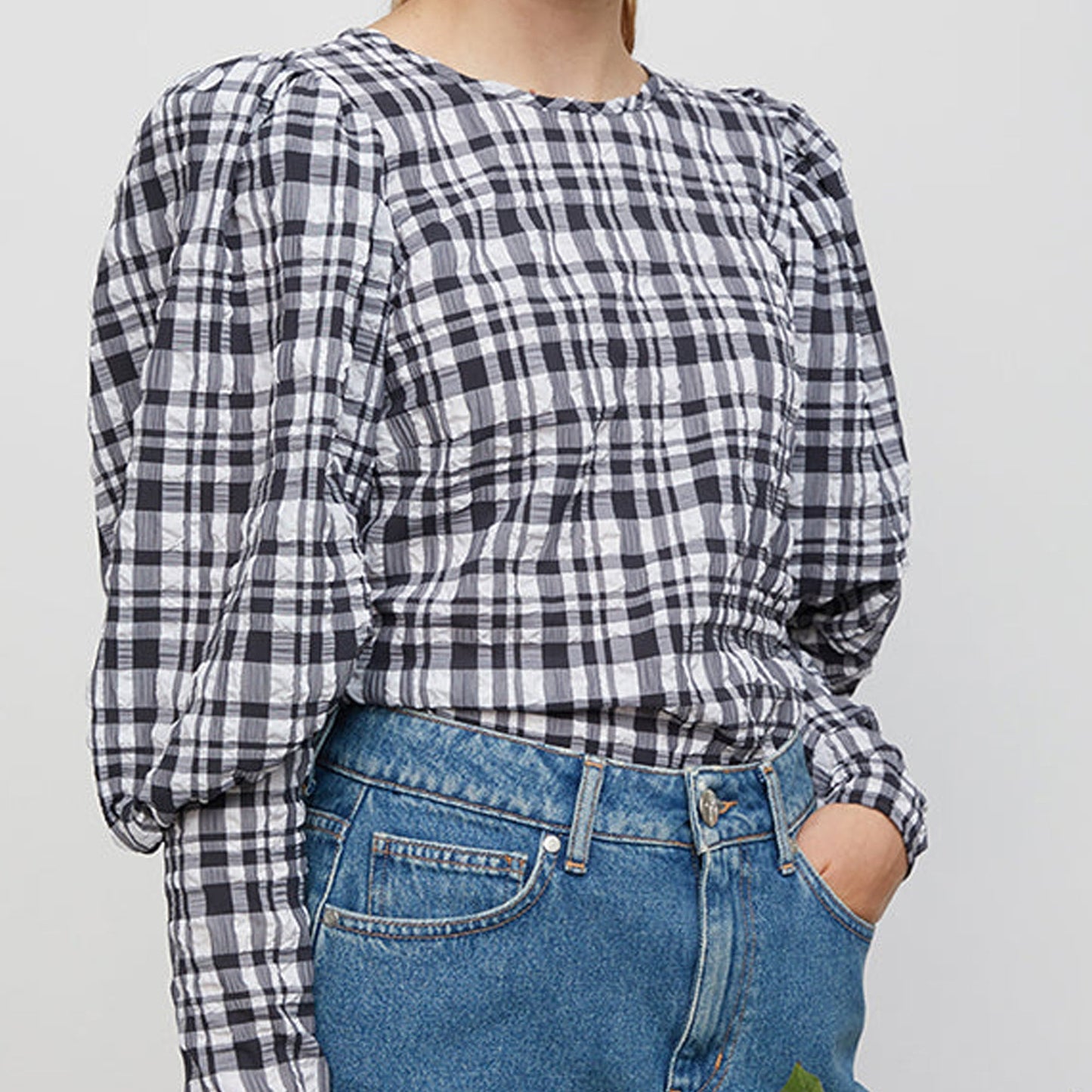 Gingham Balloon Sleeve Top - Navy/White