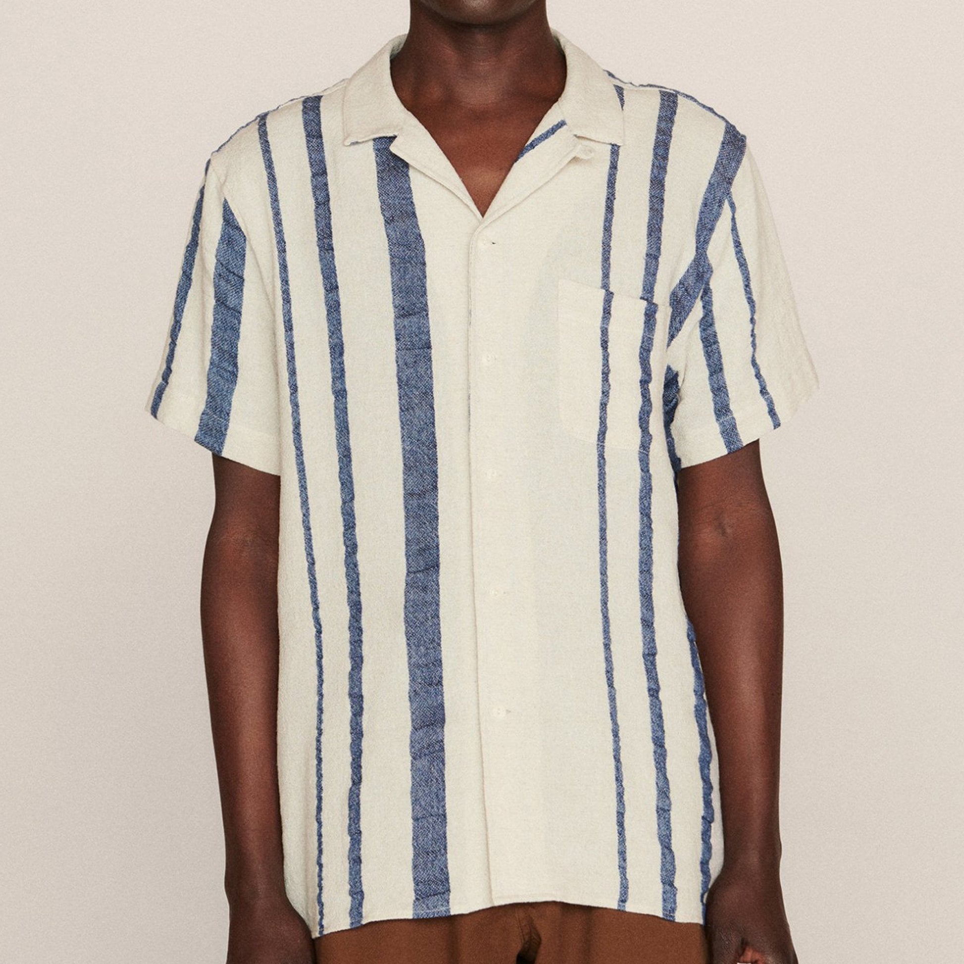 YMC Malick - Short Sleeve Stripe Shirt - Ecru/Indigo