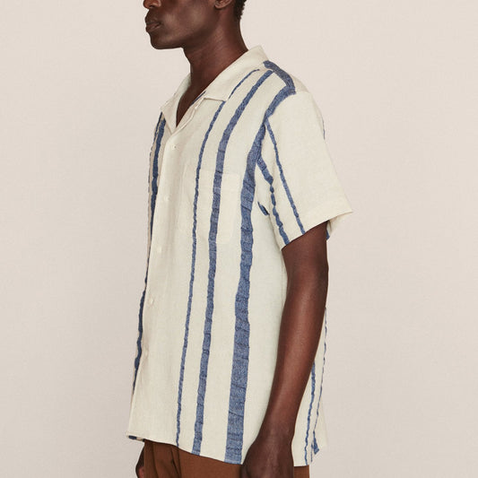 Malick - Short Sleeve Stripe Shirt - Ecru/Indigo