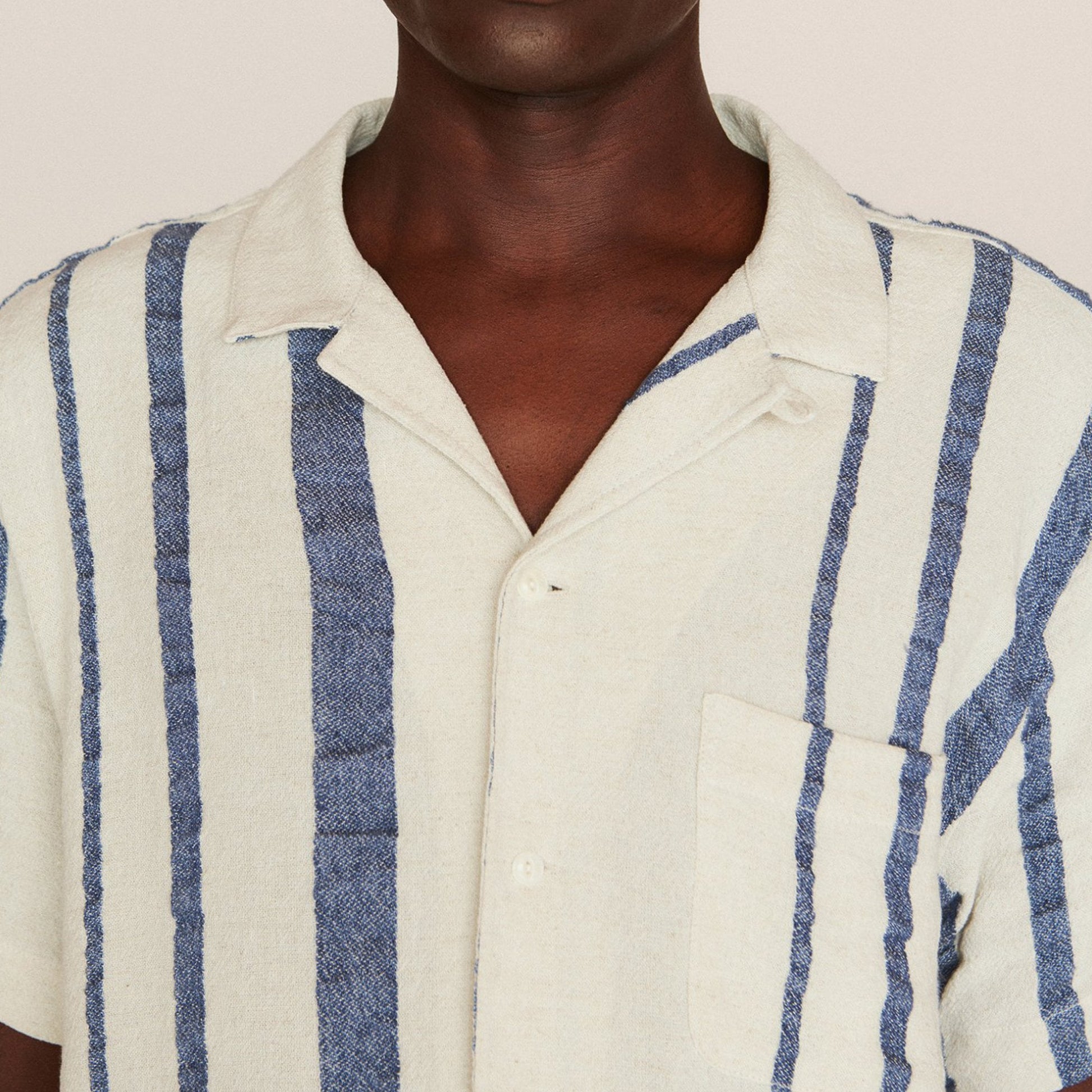 YMC Malick - Short Sleeve Stripe Shirt - Ecru/Indigo