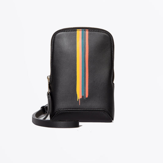 - Painted Stripe Leather Phone Pouch - Black