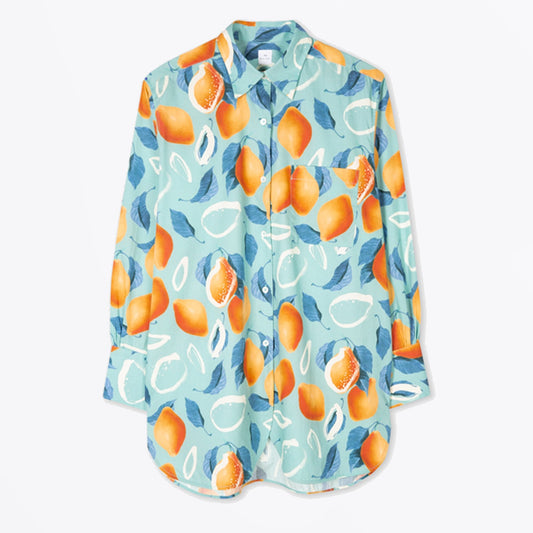 - Lemons Print Oversized Shirt - Light Blue