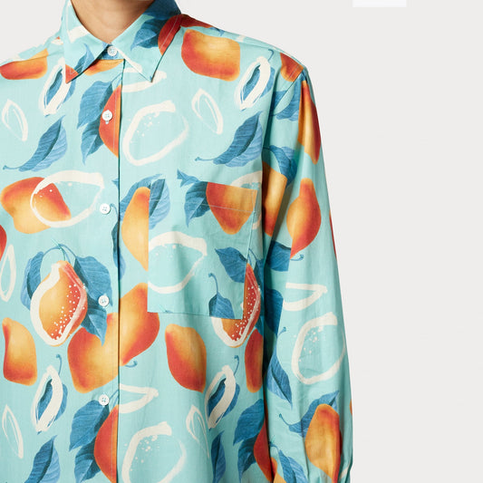 - Lemons Print Oversized Shirt - Light Blue