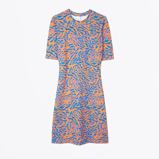 - Abstract Animal Print Jersey Dress - Orange/Blue