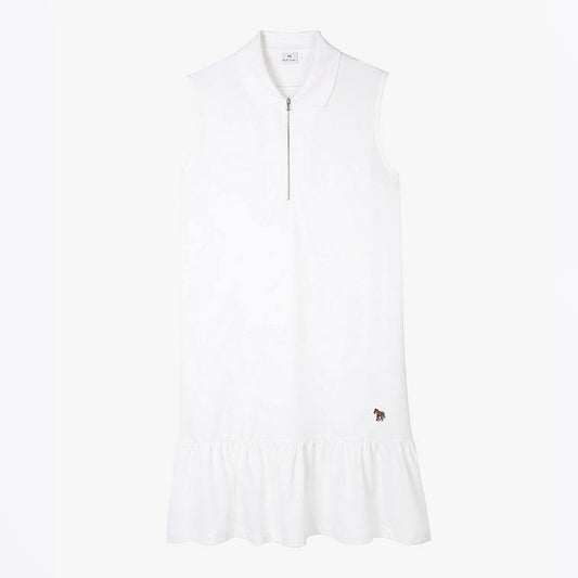 - Cotton Zebra Sleeveless Polo Dress - White