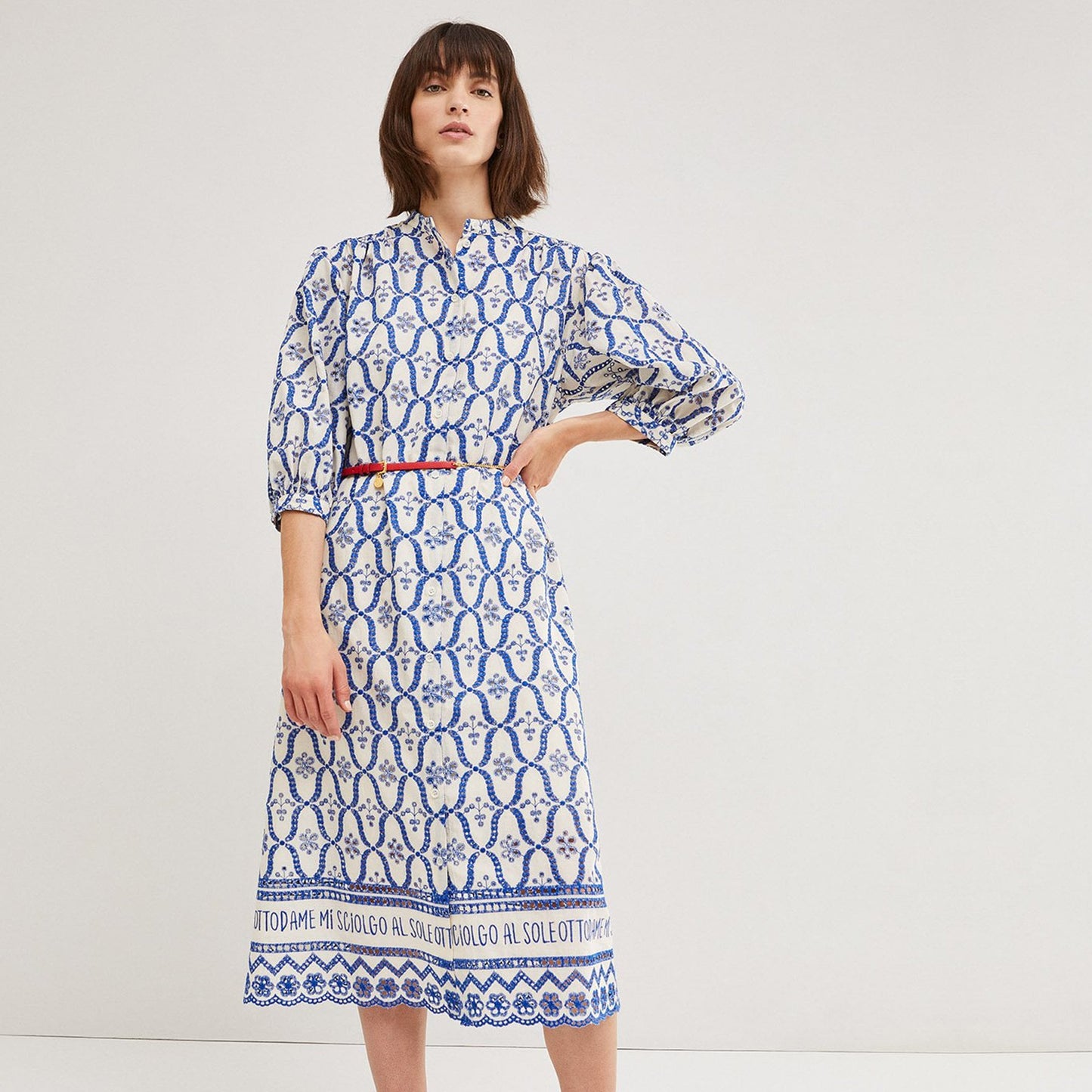 - Embroidered Button Up Dress - Blue