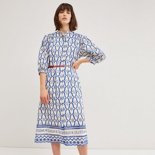 - Embroidered Button Up Dress - Blue