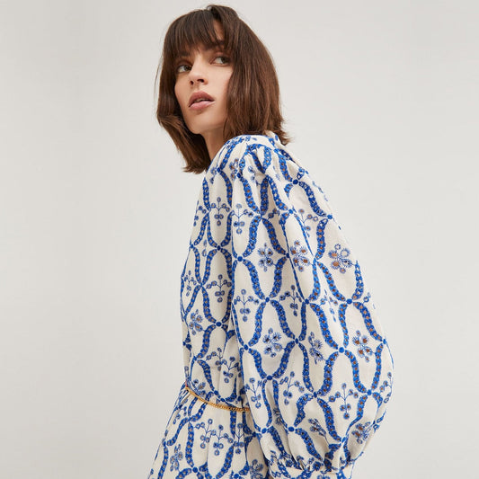 - Embroidered Button Up Dress - Blue