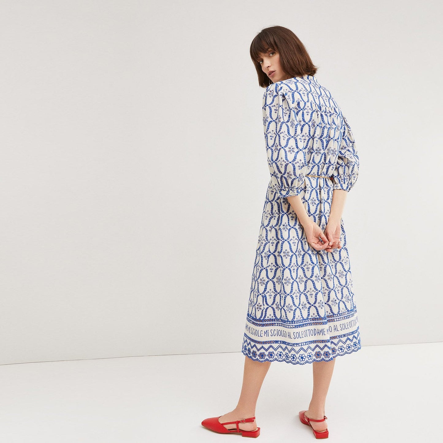 - Embroidered Button Up Dress - Blue