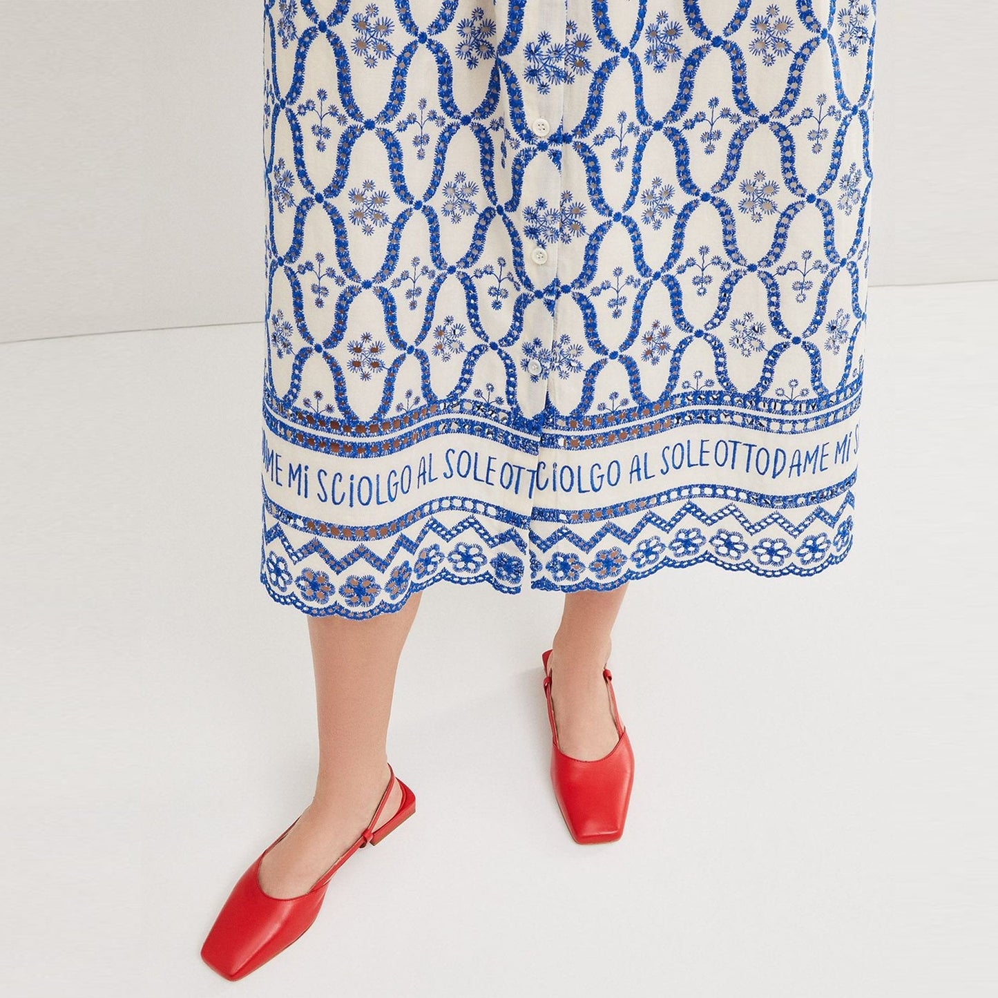 - Embroidered Button Up Dress - Blue