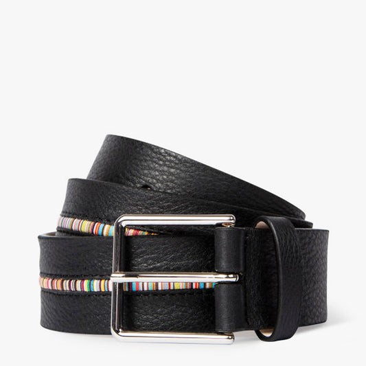 Leather 'Signature Stripe' Belt - Black