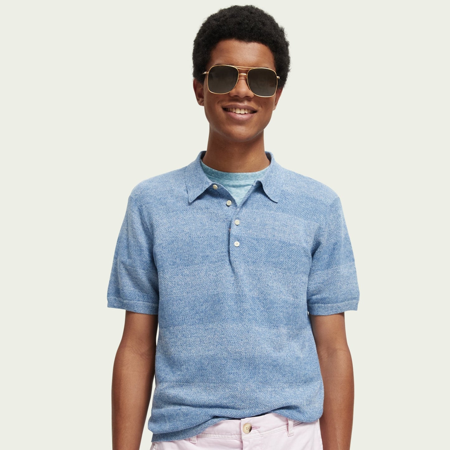 Linen Blend Knitted Polo - Blue Melange