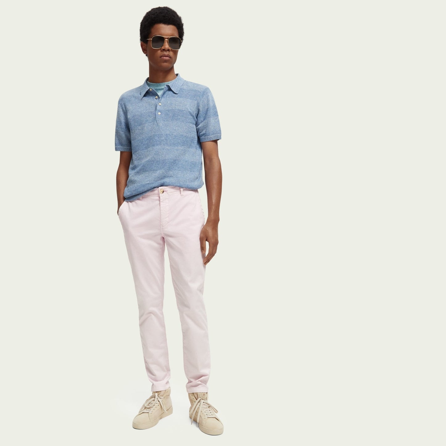 Linen Blend Knitted Polo - Blue Melange