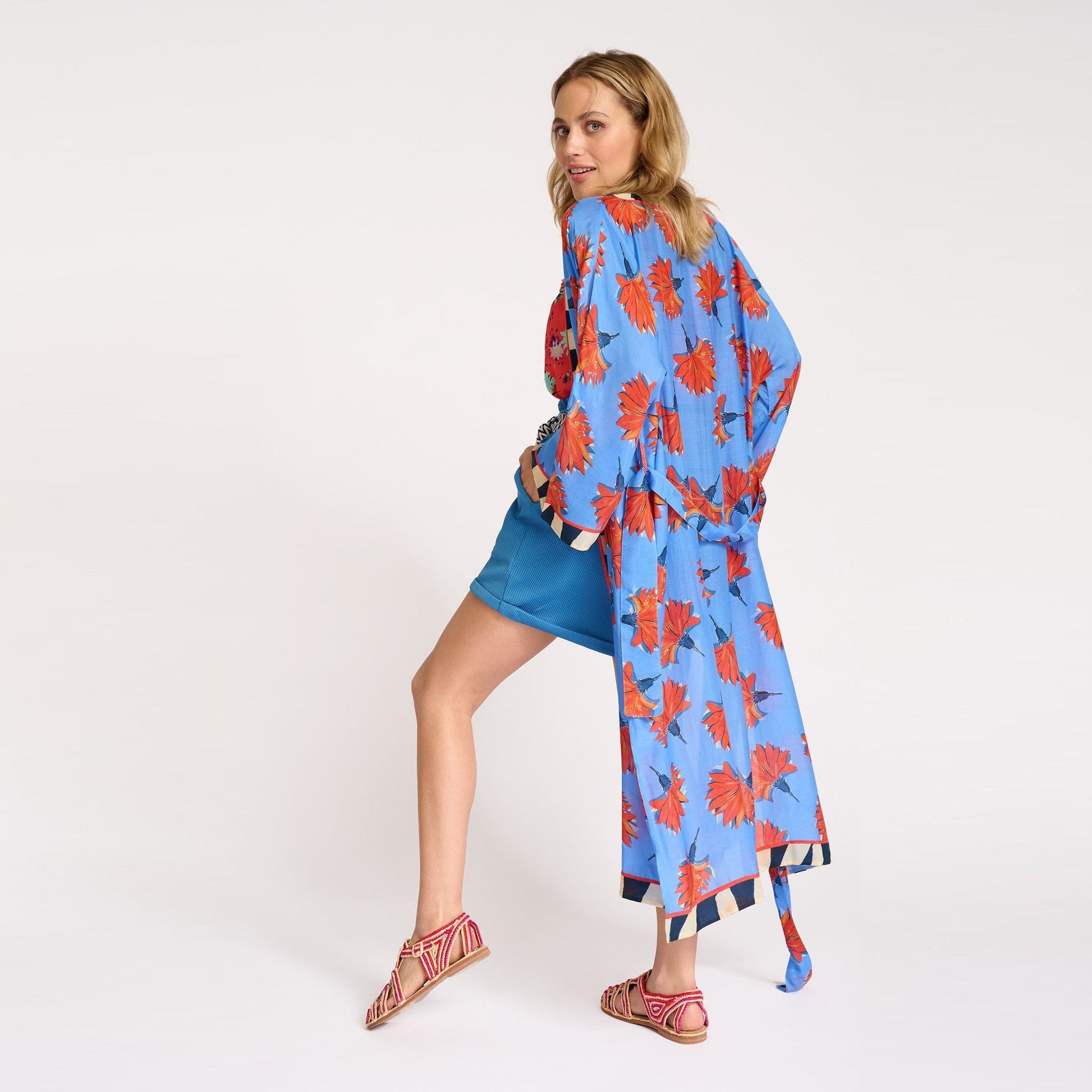 Pom Flowers Kimono - Marina Blue