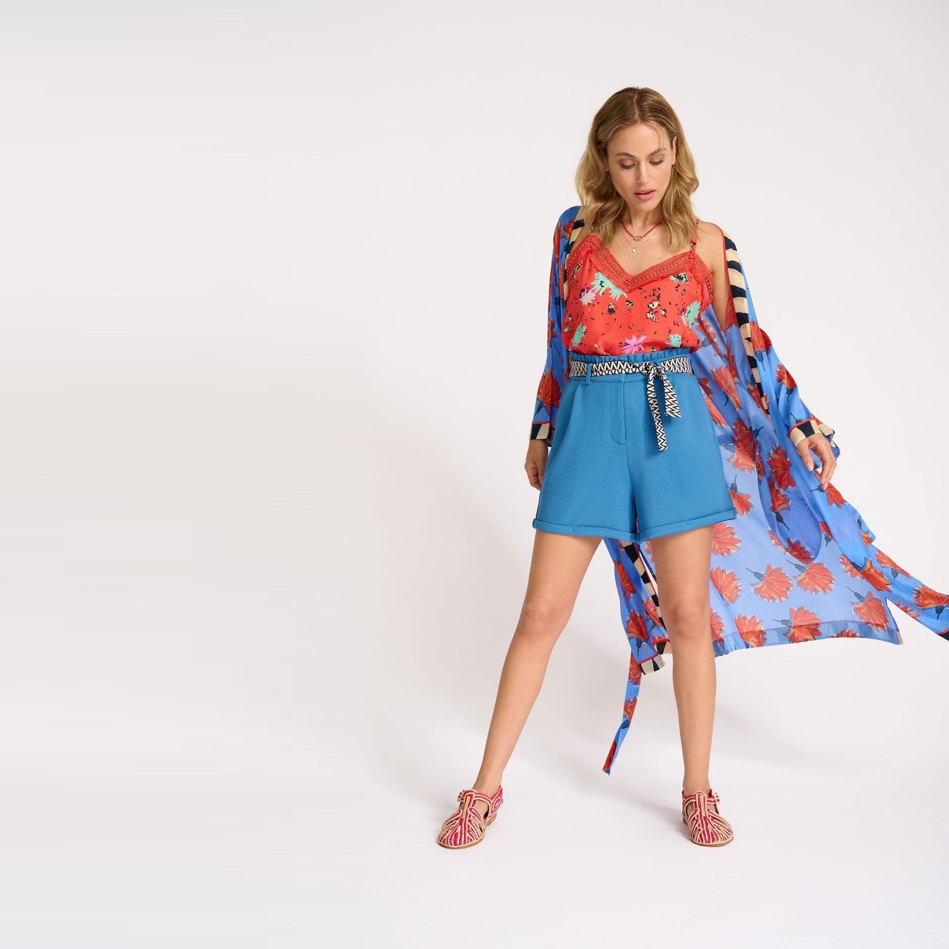 Pom Flowers Kimono - Marina Blue