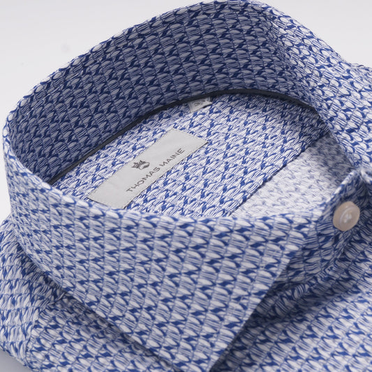 - Roma - Modern Kent Puckered Print Shirt - Navy/White