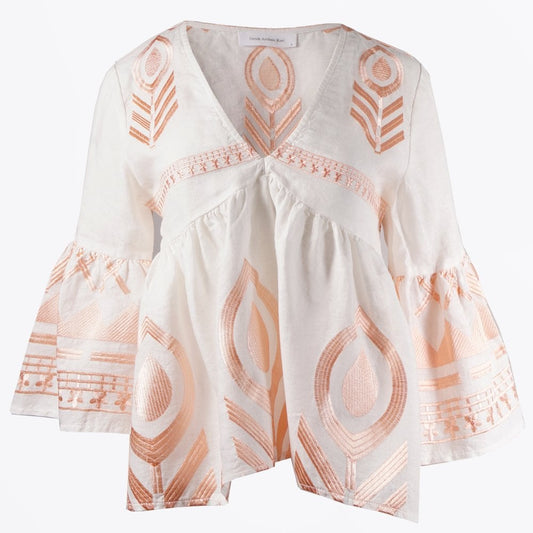 - Feather Embroidered Top - White/Pink Bronze
