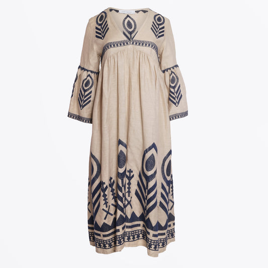 - Feather Embroidered Mdii Dress - Sand/Blue Navy