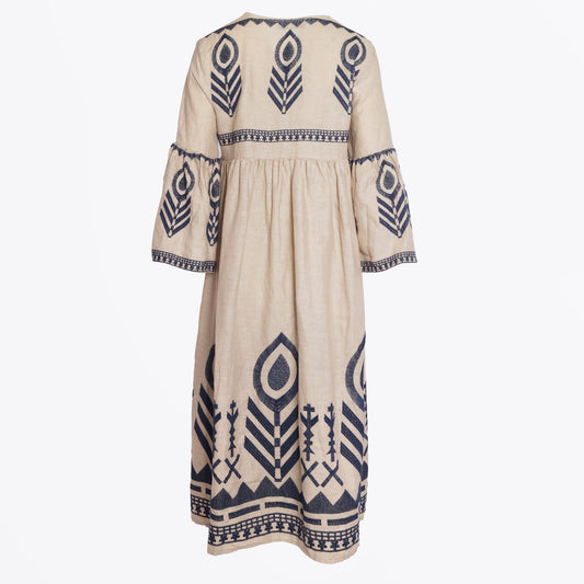 - Feather Embroidered Mdii Dress - Sand/Blue Navy