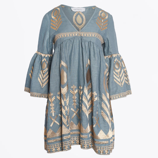 - Feather Embroidered Dress - Teal/Gold