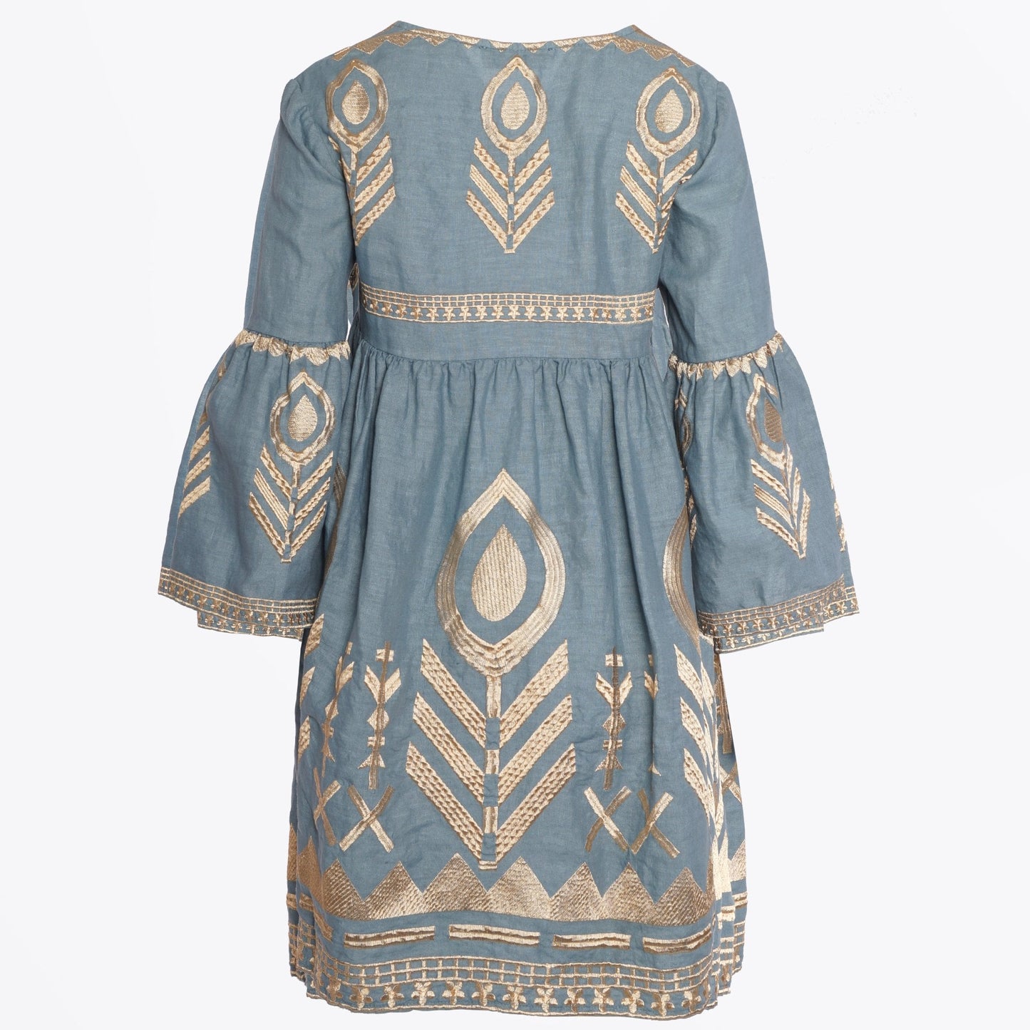 - Feather Embroidered Dress - Teal/Gold