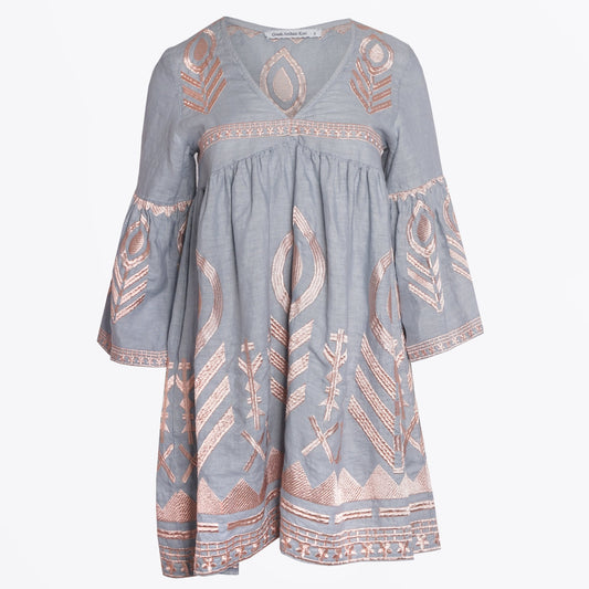 - Feather Embroidered Dress - Light Grey/Pink Bronze