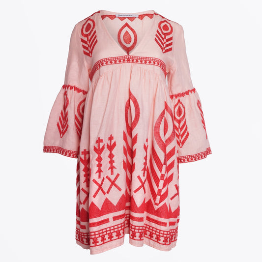 - Feather Embroidered Dress - Pink/Red