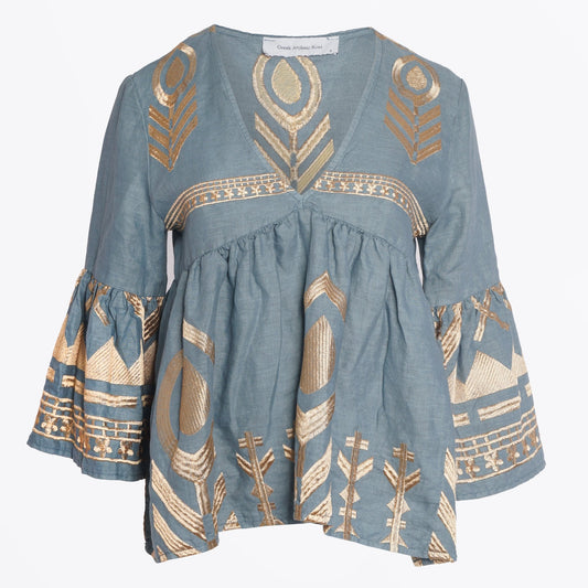 - Feather Embroidered Top - Teal/Gold
