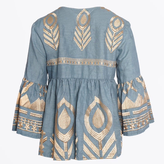 - Feather Embroidered Top - Teal/Gold