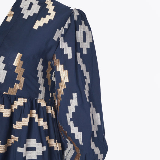 - Rhombus Embroidered Midi Dress - Navy/Gold