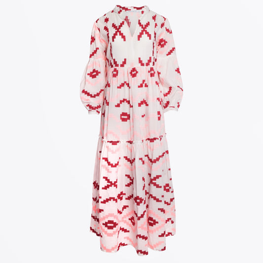- Rhombus Embroidered Maxi Dress - White/Pink/Red