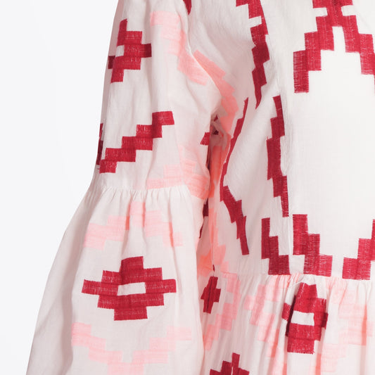 - Rhombus Embroidered Maxi Dress - White/Pink/Red