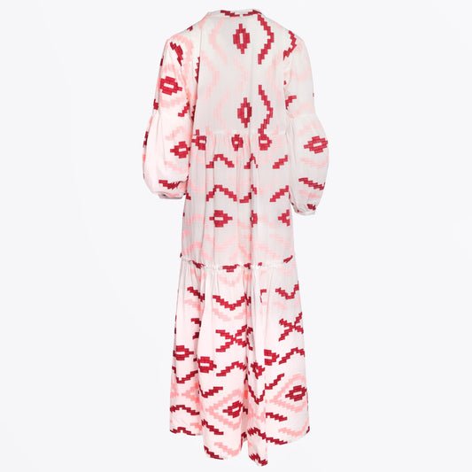 - Rhombus Embroidered Maxi Dress - White/Pink/Red