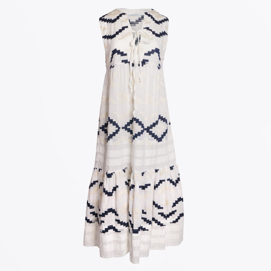 - Rhombus Embroidered Sleeveless Maxi Dress - White/Blue Navy