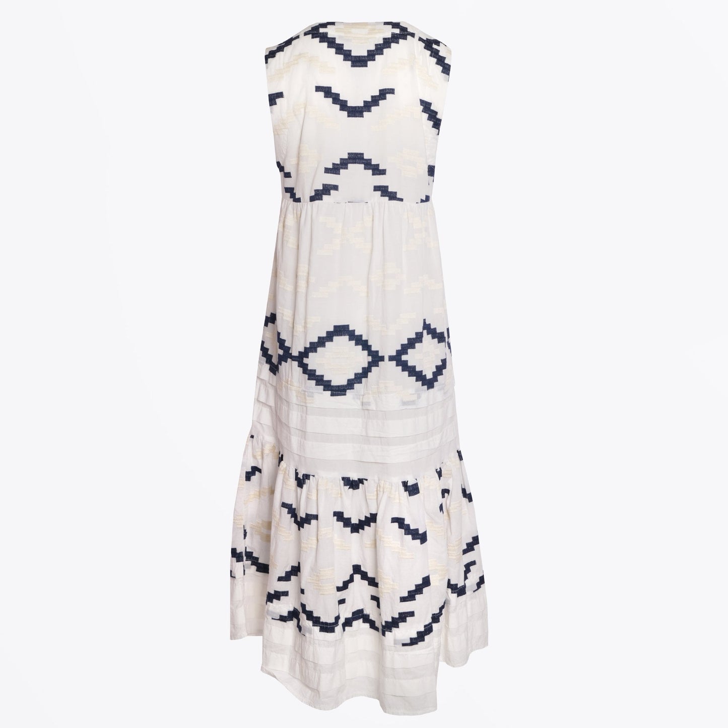 - Rhombus Embroidered Sleeveless Maxi Dress - White/Blue Navy
