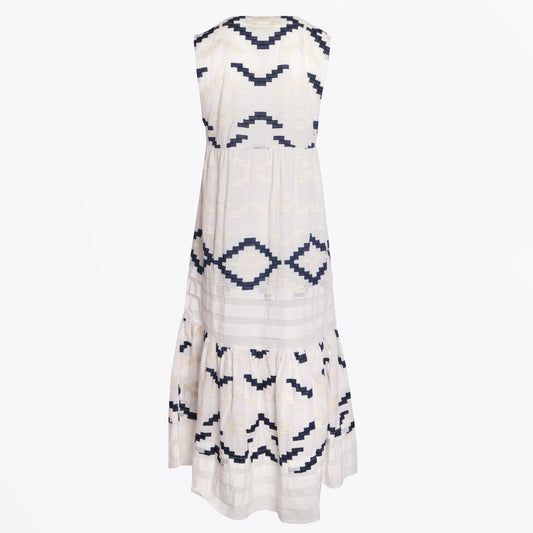 - Rhombus Embroidered Sleeveless Maxi Dress - White/Blue Navy