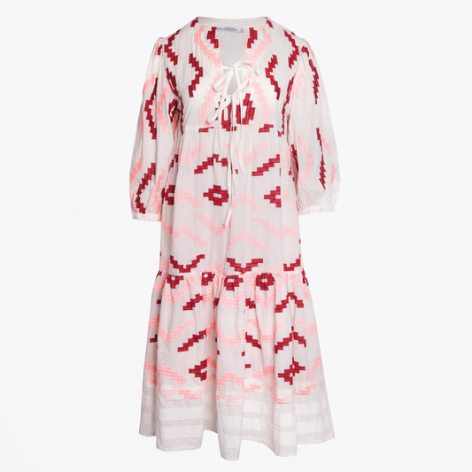 - Rhombus Embroidered Midi Dress - White/Pink/Red