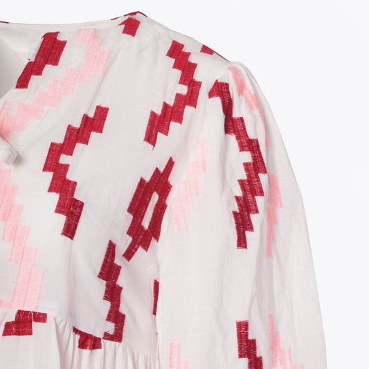 - Rhombus Embroidered Midi Dress - White/Pink/Red