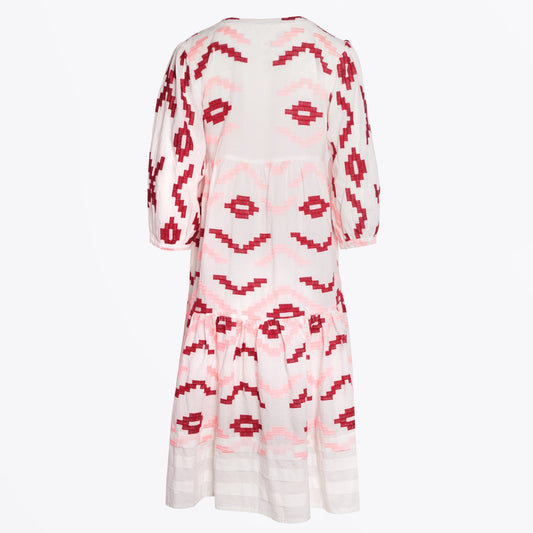- Rhombus Embroidered Midi Dress - White/Pink/Red
