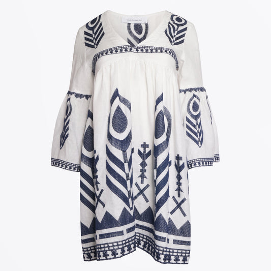 - Feather Embroidered Dress - White/Navy