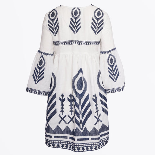 - Feather Embroidered Dress - White/Navy