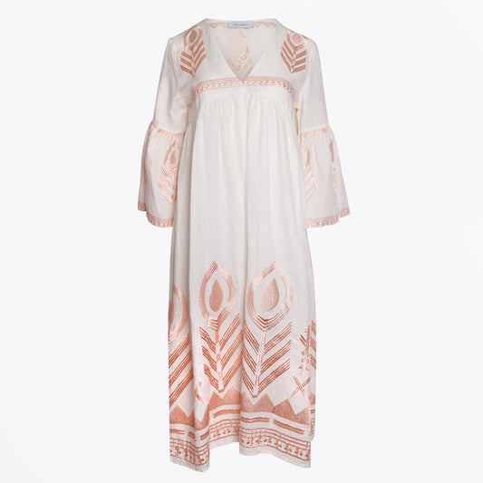 - Feather Embroidered Midi Dress - White/Pink Bronze