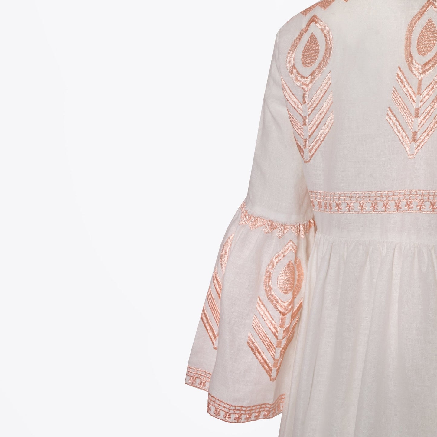 - Feather Embroidered Midi Dress - White/Pink Bronze