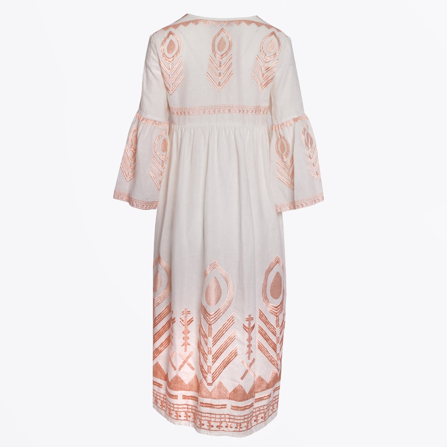 - Feather Embroidered Midi Dress - White/Pink Bronze