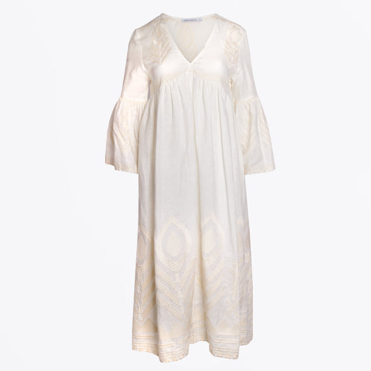 - Feather Embroidered Midi Dress - Cream