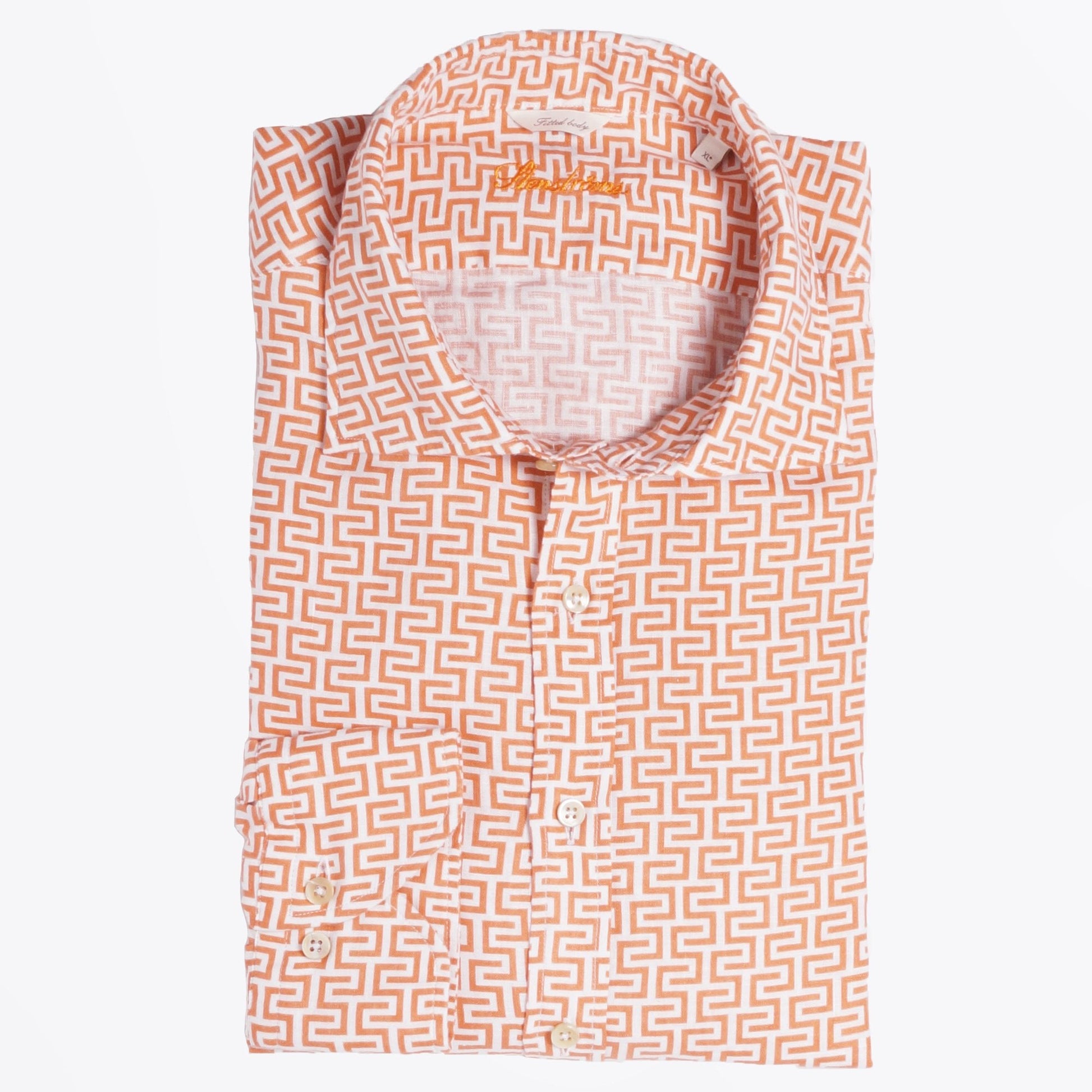 Stenstroms Fitted Body Geo Linen Shirt - Orange