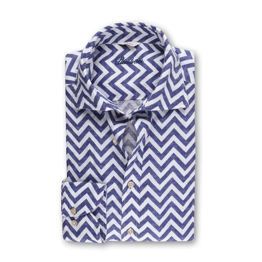 - Slimline Zigzag Linen Shirt - Navy