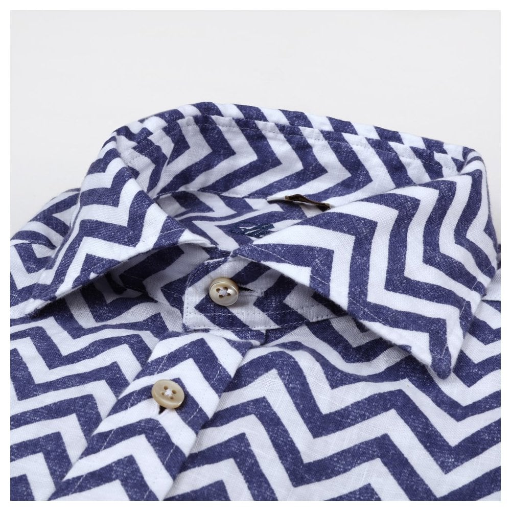 - Slimline Zigzag Linen Shirt - Navy