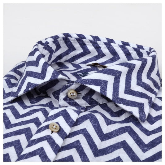 - Slimline Zigzag Linen Shirt - Navy
