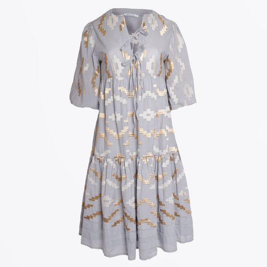 - Rhombus Embroidered Midi Dress - Grey/Gold